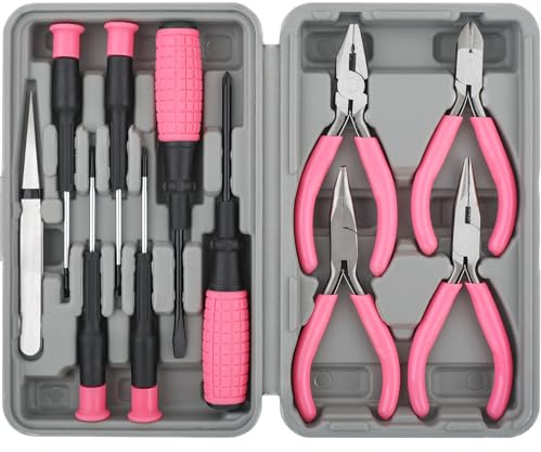 Hi-Spec 11pc Pink Womans Compact Crafts & Home DIY Repair Hand Tool Kit Set with Pliers, Cutters and Precision Screwdrivers for Ladies