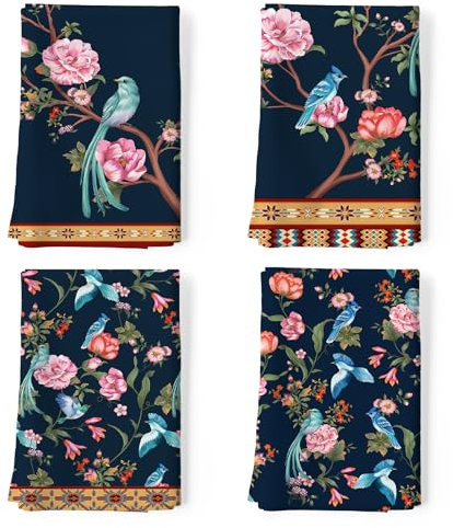 Arquiel Paños y Toallas de Cocina Algodón Set de 4 - 100% Algodón, Suaves y Absorbentes para Plato, Té y Barra - 48 x 70CM Flores y Pájaros Retros