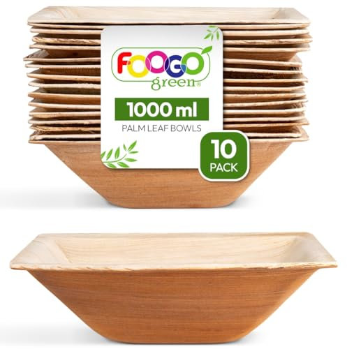 FOOGO Green 10pcs Disposable Palm Leaf Bowls, 8 (20cm) 33.8oz (1000ml), for Soup, Desserts & Salad, Deep Square, Sturdy Eco Friendly Biodegradable, Bamboo, Wooden and Strong Paper Bowls