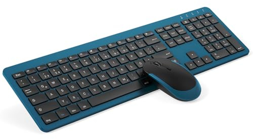 Tastatur Maus Set Kabellos, seenda SK38-3 Ultra-Dünne Wiederaufladbare Funk Tastatur Maus Set, Ergonomische Tastatur Kabellos mit Silikon Staubschutz für PC/Laptop/TV, DE QWERTZ Layout, Schwarz&Blau