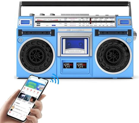 Retro CD-bandspelare, klassisk 80S Style Bluetooth Boombox, Stöd SD/USB-ingång, med AM/FM-radio, One-Click Recording/Transkription, för Family Gathering Travel Street Dance,Blue