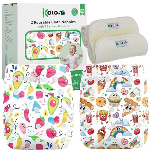 Kolo Juego de 2 pañales lavables reutilizables para bebés y niños + 2 compresas de bambú | Talla Ajustable, Unisex, 100% Ecológicos | Fantasía HappyFood
