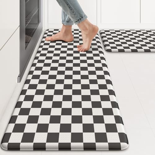 KIMODE Anti Fatigue Kitchen Mat for Floor, 17x47+17x29 Checkered Kitchen Rugs Sets of 2, Kitchen Floor Mats Non-Slip, Cushioned Standing Desk mat for Sink Laundry Office Black and White