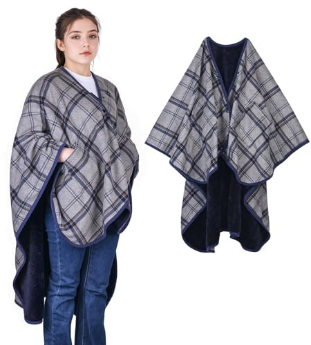 SIVENKE Poncho en polaire pour femme - Couverture portable en flanelle - Confortable - Poncho avec boutons et poches - Pour lit, canapé, bureau, 140 x 163 cm