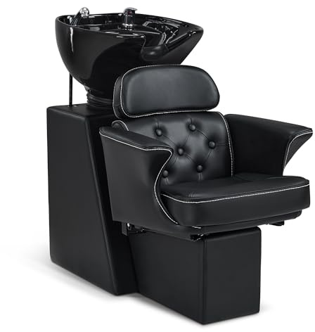 Barberpub Sedia da barbiere con lavabo & schienale regolabile, lavabo in ceramica regolabile, sedia da parrucchiere moderna per SPA e salone, postazione di lavaggio 8692 (Nero/Pelle sintetica)
