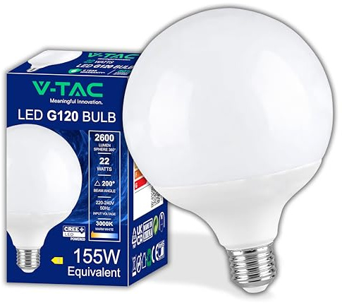 V-TAC Lampadina LED Globo 22W (Equivalenti a 155W) G120 - Attacco E27-2600 Lumen - Lampadina LED Massima Efficienza e Risparmio Energetico - Luce 3000K Bianca Calda