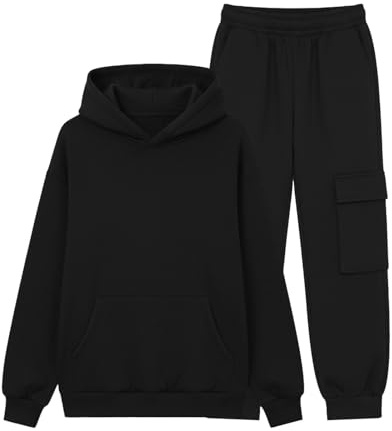 Chándal para niñas de invierno al aire libre cálido de 2 piezas de forro polar con capucha y pantalones deportivos para correr, ciclismo, gimnasio, conjunto clásico liso, Negro, 9-10 años