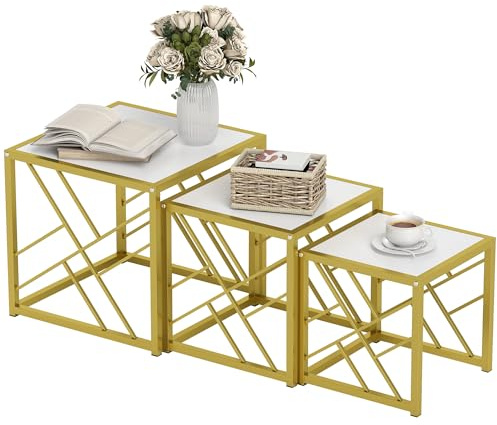 HOMCOM Nesting Coffee Tables, Set of 3 Square Side Tables with Gold Metal Frame, for Living Room, Bedroom and Office, White