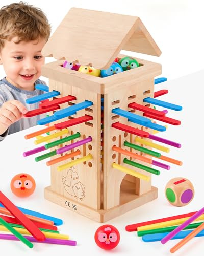 Giochi da Tavolo in Legno per Bambini 3 4 5 6 Anni, Giochi di Società per Ragazzi e Ragazze, Gioco Montessori Educativo per Abilità Motorie, Gioco Famigliare con Bastoncini Colorati, Palla e Dado