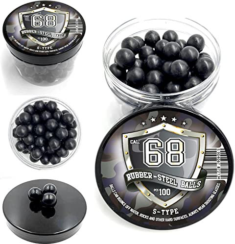 RUBBER-STEEL BALLS in 68 Kaliber - 100 Stück S-Type Premium Qualität Harte Gummi-Stahl Bälle Geschosse Paintballs Powerballs 7 Grams Ammo für Heim Verteidigung Training Pistolen in .68 Cal.