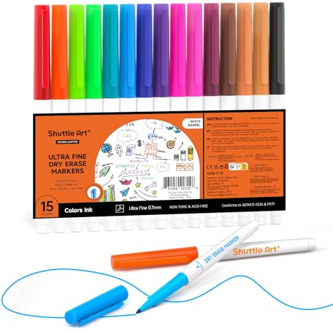 Shuttle Art Ultra Fine Tip 15 färger raderbara whiteboard-pennor 0,7 mm filtspets