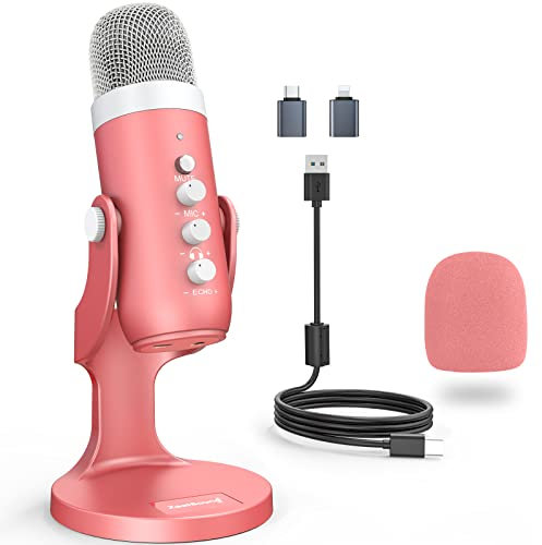 zealsound Micro USB, k66 Gaming Microphone de Jeu pour PC, téléphone, PS4 et PS5, Micro à condensateur cardioïde avec Button de sourdine et Gain pour Streaming, ASMR, podcasts, TikTok, Youtube- Rose