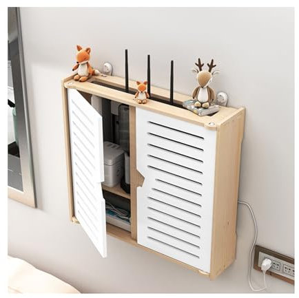 Yi Chen 2 Capas Caja de Almacenamiento WiFi Router Estante de Madera para Router con Puerta de Armario, Montado en la Pared Ocultar TV Cables Decoracion Cajas Set-Top Caja Estante-Medio
