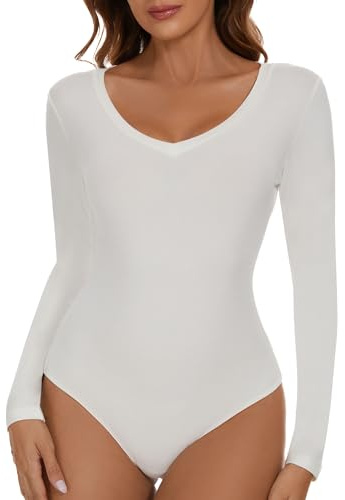 SHAPERIN Dam body långärmad V-ringad bodysuit långärmad tröja underbody tanga långärmad toppar dambody, Vit, M