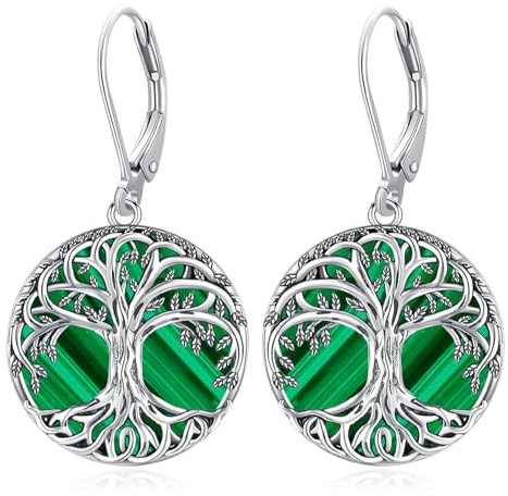 Eusense Pendientes Árbol de la Vida Pendientes de Plata de Ley 925 con Malaquita Árbol de la Vida Pendientes Colgantes Joyería Regalo para Mujeres Niñas