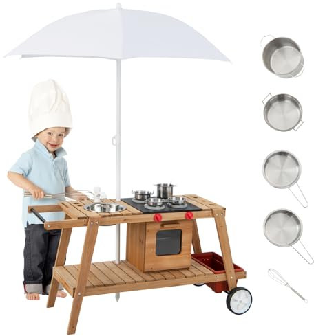 SOARS Cuisine en Bois Enfant d’Extérieur, Cuisine Extérieure pour Enfant en Bois avec Parasol, Lavabo, Poignée, Roues et Accessoires, Jouet de Barbecue 48 X 114 X 160 CM pour Enfant de 3 Ans et Plus