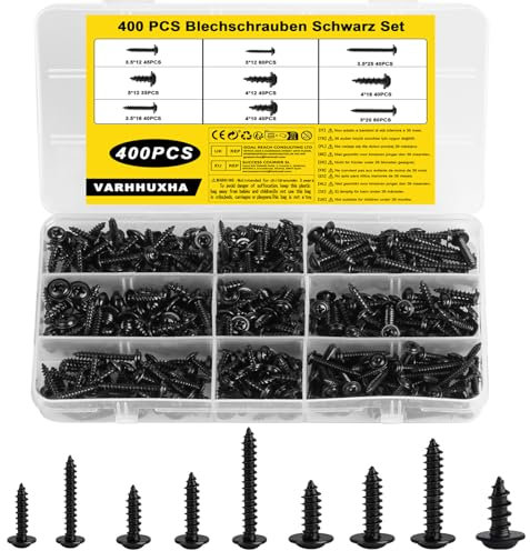 400 Pcs M3 M3.5 M4 M5 Self Tapping Screws for Wood, Black Phillips Pan Head Wafer Self Drilling Truss Cross Head Screws Assorted for DIY Repairs