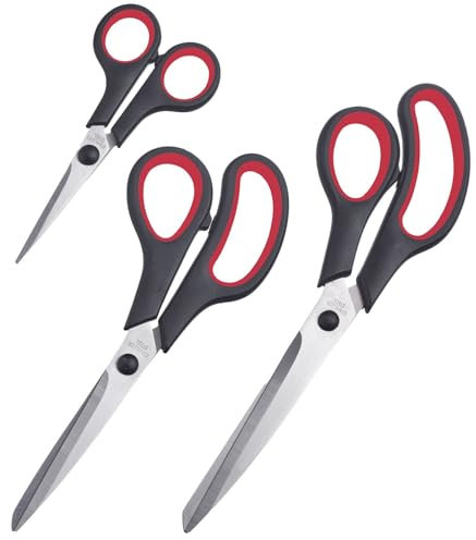 Westmark Juego de tijeras de 3 piezas, 1 tijera de costura (14 cm), 1 tijera doméstica universal (21 cm) y 1 tijera de manualidades (25 cm) – acero inoxidable/plástico - negro/rojo/plateado, 137622E6