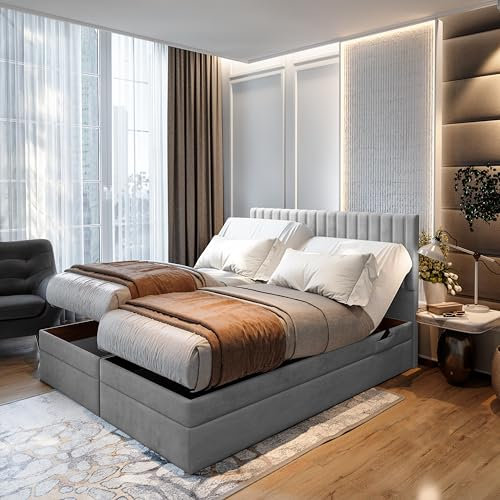 TRADA Boxspringbett ADÈLE 140 x 200 cm – elektrische Bett mit Matratze + Tooper und Bettkasten - Stoffbezug Veloursstoff - Grau - 140 x 200 cm