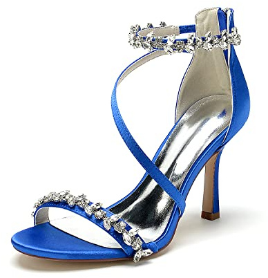 GHSIRUEU Sandalia De Vestir para Mujer Zapatos De Tacón Clásicos De Punta Abierta con Diamantes De Imitación,Azul,40 EU