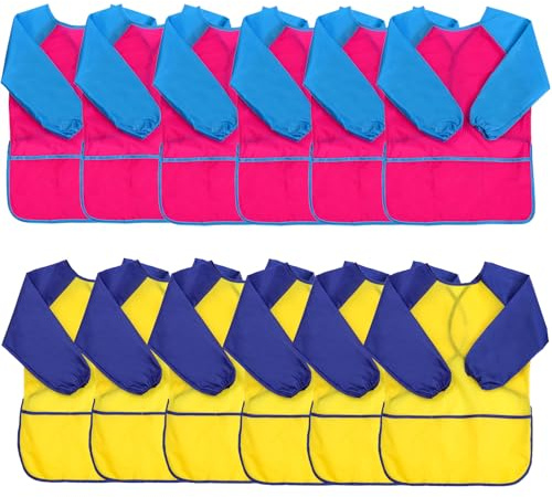XIEJINJIA 12 Pack Kids Art Smock with Long Sleeve 3 Roomy Pockets Artist Children Play Aprons for Age 3-8 Painting Craft(Rose Red/Yellow)
