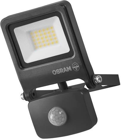 Osram ENDURA FLOOD PC 20W LED-Fluter mit Sensor, 3000K warmweiß, 1800 Lumen, IP44 Flutlicht Bewegungserkennung, einstellbar 5s-10min, Grau