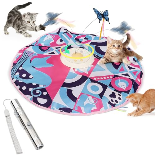 2 en 1 Juguete Interactivo Electrico Gatos con 7 en 1 Puntero Laser Gatos, Juguete Gatos Automático 3 Modos y Vvelocidades, Alfombra de Juego de Ejercicio para Gatos, Mariposa Giratoria de 360°