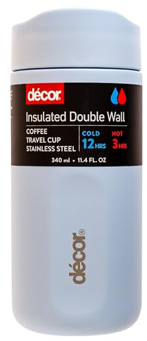 Décor 340ml Insulated Travel Cup - Double Wall Stainless Steel Coffee Mug with Leakproof Lid, Button Press Spout, 3h Hot / 12h Cold - Ice Blue