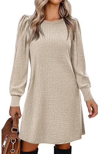 Zeagoo Jumper Dresses for Women UK Puff Long Sleeve Dress with Pockets | Knitted Dress Autumn Dress Casual Lightweight Tunic Dress for Fall Winter