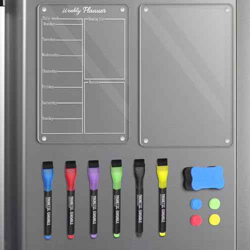 Hengxinchen 2 Pièces A4 Semainier Frigo Magnétique, Acrylique Tableaux Magnétiques Frigo, Planning Semaine avec 6 Couleurs, pour Planificateur de Repas, Listes de Courses, Objectifs Hebdomadaires