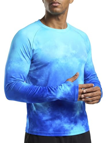 Men's Long Sleeve Fishing Shirt, Blue Gradient Ocean Pattern, UPF Sun Protection Performance Shirt for Outdoor Water Sports (US, Alpha, Large, Regular, Regular, Gradient Blue)