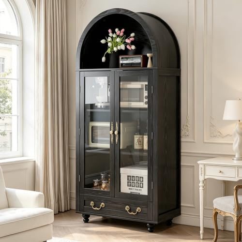 OOFAYJIA Vitrina de cristal negro con parte superior de arco y 1 cajón, armario de vitrina multifunción como armario de cocina y estantería, vitrina duradera para salón, comedor y oficina