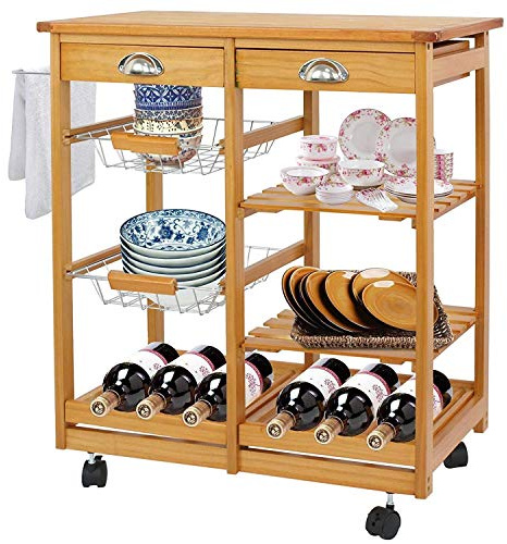 BBBuy Wooden Kitchen Island Cart with Storage Kitchen Cart Rolling Service Utility Cart on Wheels with 2 Drawers 3 Storage Shelves Towel Rack, Kitchen Service Trolley for Home, Restaurant, Bar