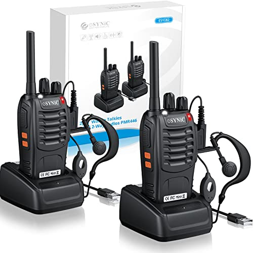 eSynic 2 Pack Original PMR446 Rechargeable Walkie Talkies for Adult Elderly | Earpiece & LED Light| License-Free|VOX | 16CH Single Band| Professional Long Range 2 Way Radio for Working,Hiking,Restaurant