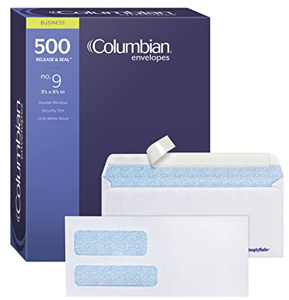 Columbian #9 Security Envelopes, 500/Box, Double Window, 3-7/8 x 8-7/8, Release & Seal Self Seal, SimplySafe Tamper Evident, White (COLO183)
