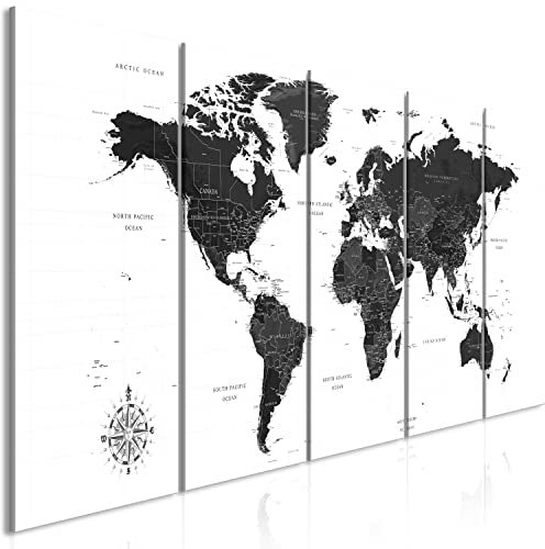 murando - Cuadro de cristal acrílico Mapa del mundo 150x60 cm Impresión de 5 Piezas Pintura sobre Vidrio Imagen Gráfica Decoracion de Pared negro blanco k-A-0422-k-m