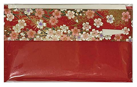 Mino Washi Kaishi Set, Japanese Tea Ceremony Pocket Sheets, 30 Count with Yuzen Design Pouch and Pick (5.7 x 6.9 in Sheets) Red