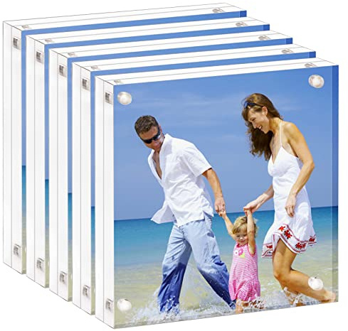 Acrylic Picture Frame 10x10 cm (4x4 inch), Clear Double Sided Block Acrylic Photo Frames, Desktop Frameless Magnetic Photo Frames - 5 Pack