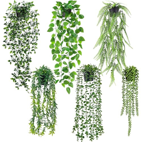 Der Rose 6Pcs Fake Hanging Plants Artificial Vines Faux Hanging Plants Indoor for Bathroom Kitchen Wall Bookshelf Outdoor Decor