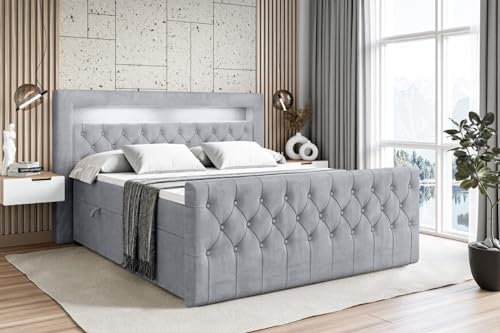 ALTDECOR Boxspringbett mit Matratze und Lattenrost, LED Boxbett, Topper, Fußteil, Polsterbett mit Bettkasten, Bett mit Stauraum H4-Matratze, Doppelbett - Aurora - 140x200 Grau Monolith 84