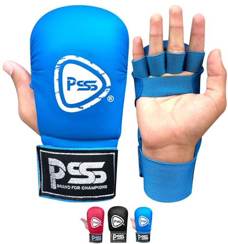 PSS Kids Karate mitt gloves for Boxing Martial Arts jab Training sparring junior pads open finger palm style Without Thumb Black Blue & Red Color 1018 (Blue, S)