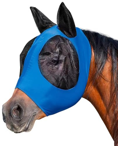 Maschera Anti-Mosche per Cavallo UV Protezione, Maschera Cavallo Antimosche,Maschera per mosche a cavallo,Leggera e Traspirante,con para Orecchie,per la Protezione del Cavallo,Blu