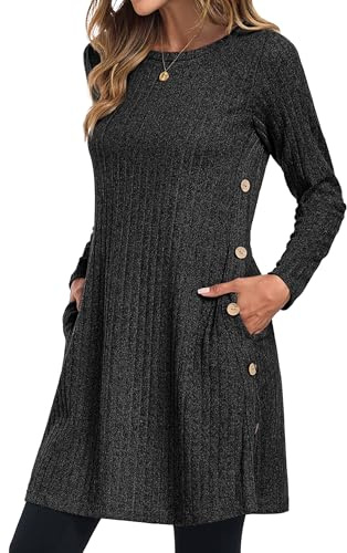 GRECERELLE Vestidos de jersey de invierno para mujer, vestidos para mujeres del Reino Unido, vestidos de señoras, túnica de punto de manga larga con bolsillos y botones laterales, gris oscuro, XXL