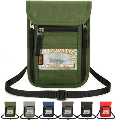 Tcdwla Porte Monnaie Enfant Garçon,Pochettes Tour de Cou de Voyage Bloqueur RFID,Pochette Passeport,Telephone,Porte Monnaie enfant,étanche Sac de Voyage Portable, Peut Stocker Carte (Vert)
