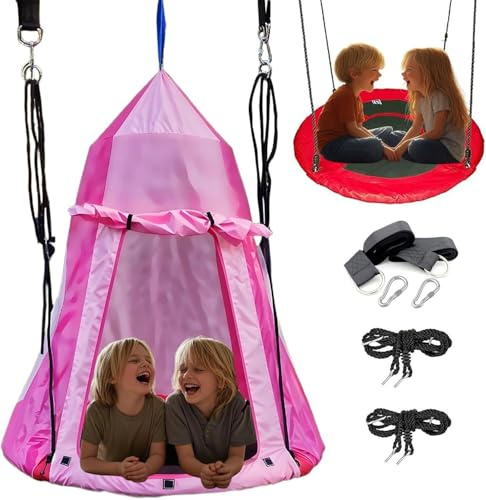 40 Hanging Tent Saucer Swing - 2 in 1 Detachable Hanging Chair Set,Hammock Nest Pod Seat Outdoor Indoor Play House,Max Capacity 330 LBS (Pink)