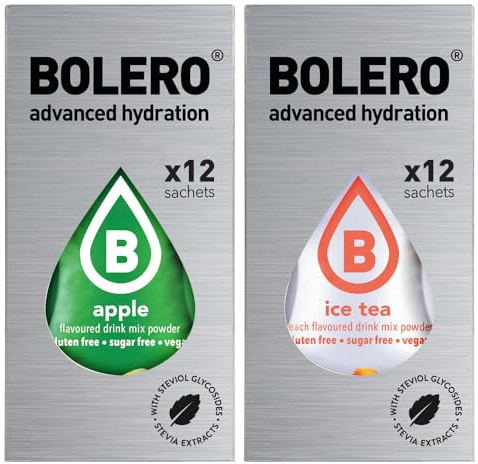 SET 24 BOLERO bustine da 3 grammi 12 Ice Tea Peach Pesca + 12 Apple Mela Preparato istantaneo per Bevande con Stevia e Vitamina C e Senza Zucchero