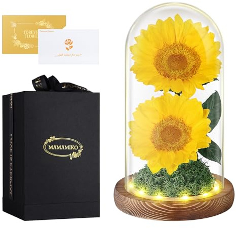 MAMAMIKO 2 Forever Real Sunflower in a Glass Dome, Eternal Flowers Preserved for 5 Years, Flower Gifts for Her Woman Wife Girlfriend on Birthday, Anniversary, Valentine's Day, Mother's Day, Christmas