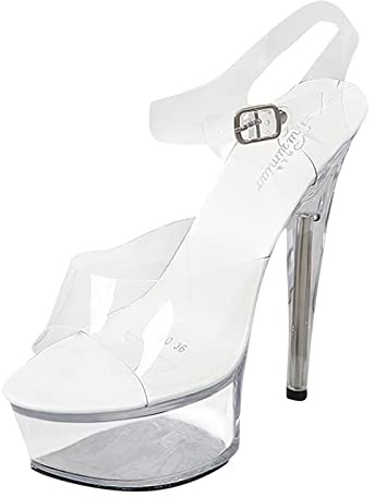 Sandali con plateau da donna Punta aperta Cinturino alla caviglia regolabile Zeppa Décolleté con tacco Scarpe da ballo trasparenti Scarpe da ballo Sexy Clear Stilettos 15CM, Trasparente, 40 EU