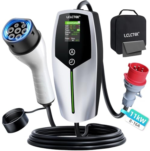 LCLCTEK® dé Cargador Coche Eléctrico 11kW Tipo 2 [3-fásico|8～6A],6M/20Ft Portátil Estacion de Carga Coche con Pantalla Digital,Cargador Carro Electrico Cable de Carga Tipo 2,móvil/Wallbox para EV/PHEV