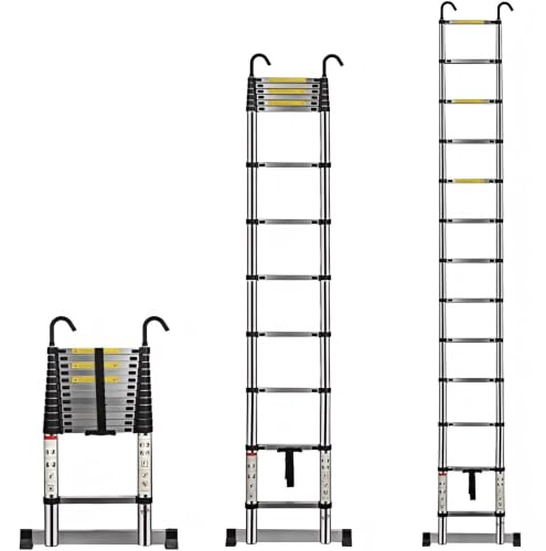 Multibao Telescopic Ladder 3.8M 12.5FT Aluminium Extension Loft Ladder with Stabilizer Bar and Detachable Hooks, Multi Purpose Extendable Portable Folding Ladders, EN131 (3.8M/12.5FT)
